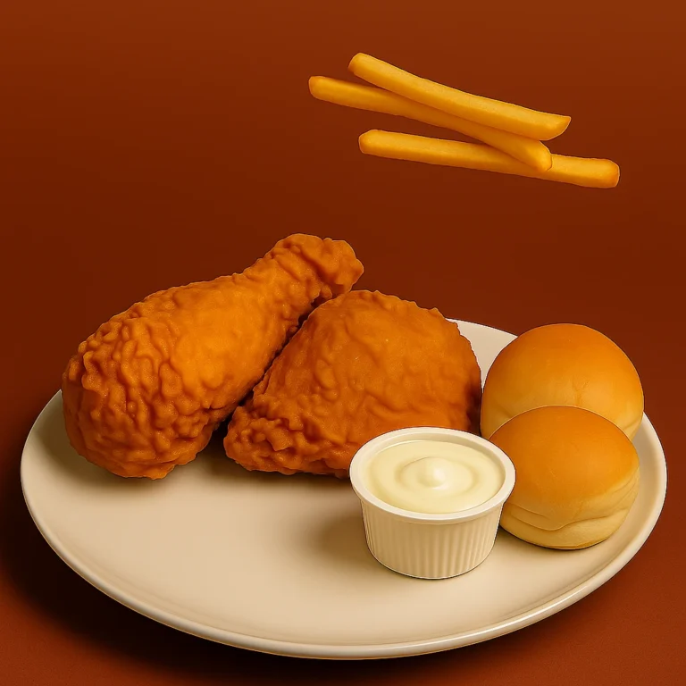 Golden crispy fried chicken with two bread rolls and creamy garlic sauce served on a white plate.